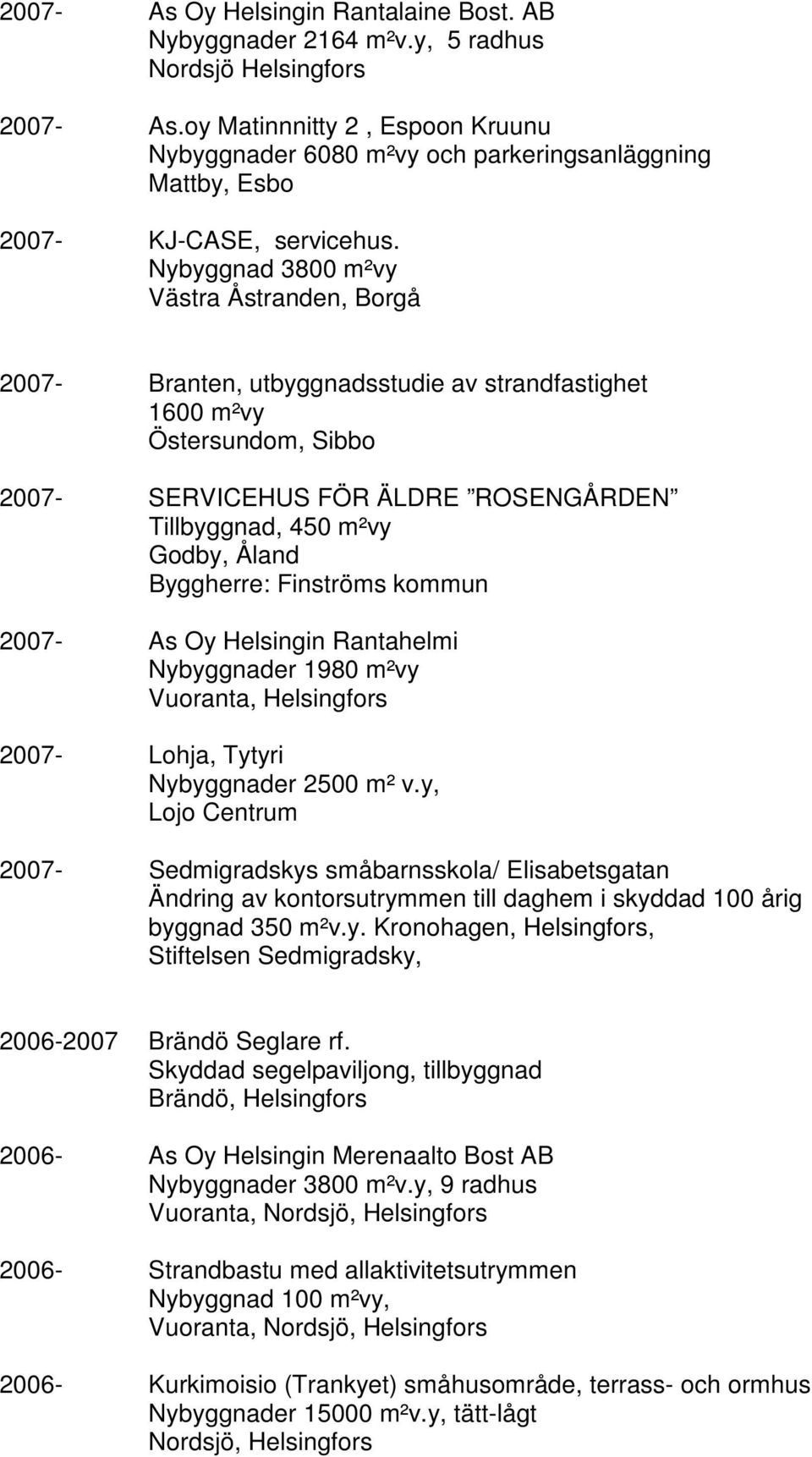 Nybyggnad 3800 m²vy Västra Åstranden, Borgå 2007- Branten, utbyggnadsstudie av strandfastighet 1600 m²vy Östersundom, Sibbo 2007- SERVICEHUS FÖR ÄLDRE ROSENGÅRDEN Tillbyggnad, 450 m²vy Godby, Åland