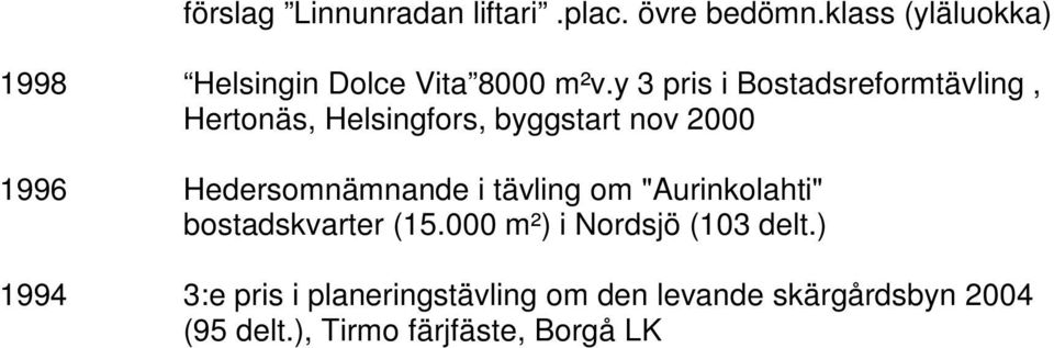 y 3 pris i Bostadsreformtävling, Hertonäs, Helsingfors, byggstart nov 2000 1996