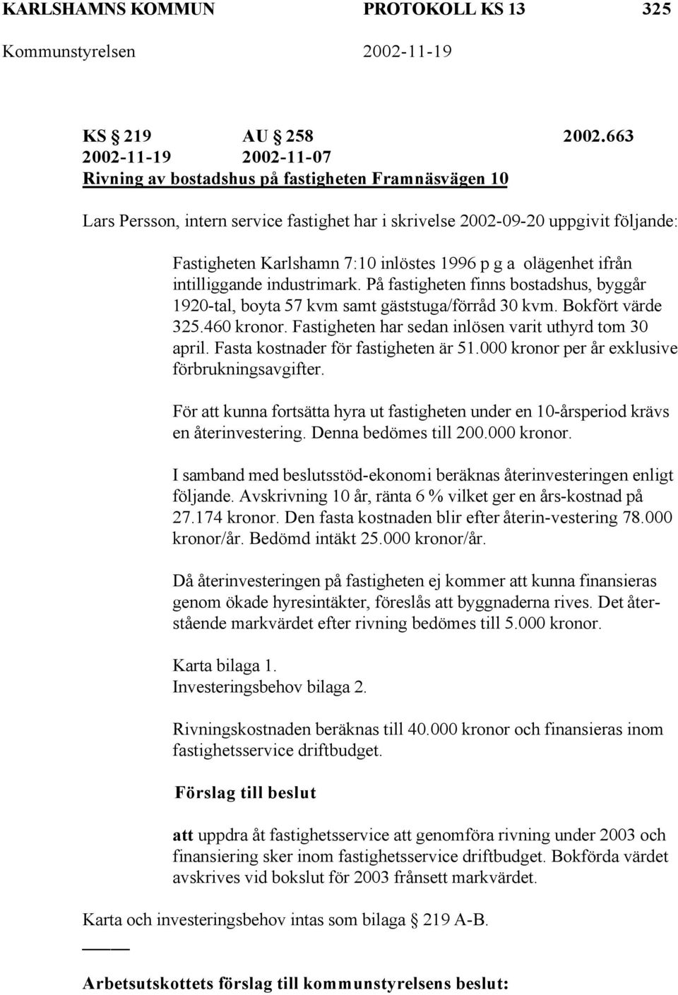 1996 p g a olägenhet ifrån intilliggande industrimark. På fastigheten finns bostadshus, byggår 1920-tal, boyta 57 kvm samt gäststuga/förråd 30 kvm. Bokfört värde 325.460 kronor.