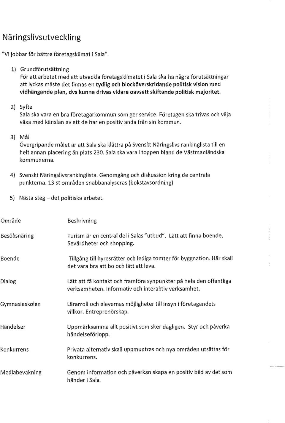 vidhängande plan, dvs kunna drivas vidare oavsett skiftande politisk majoritet. 2) Syfte Sala ska vara en bra företagarkommun som ger service.