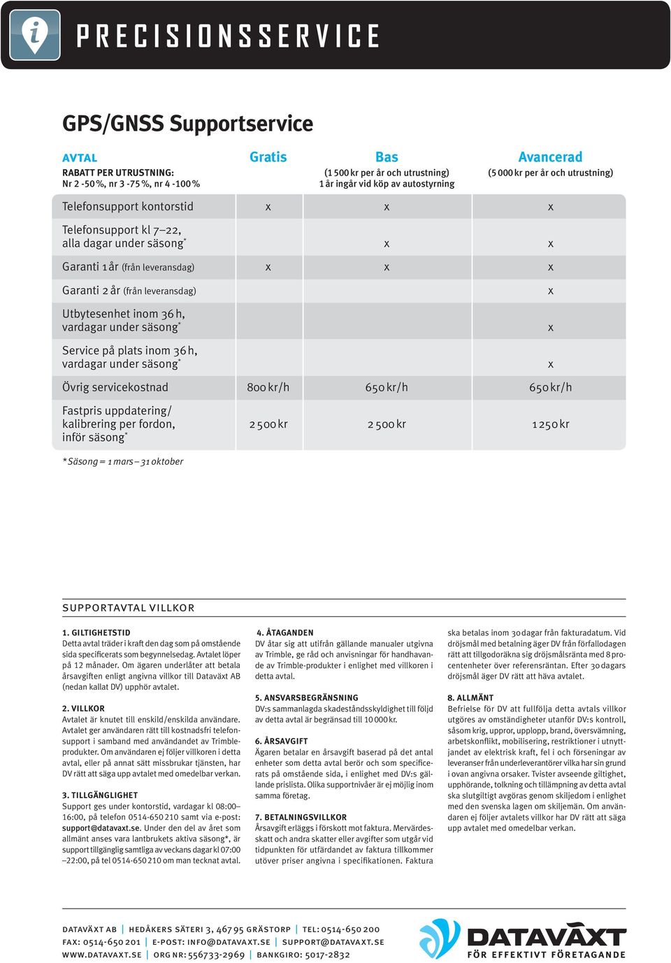 * Service på plats inom 36 h, vardagar under säsong * Övrig servicekostnad 800 kr/h 650 kr/h 650 kr/h Fastpris uppdatering/ kalibrering per fordon, 2 500 kr 2 500 kr 1 250 kr inför säsong * * Säsong