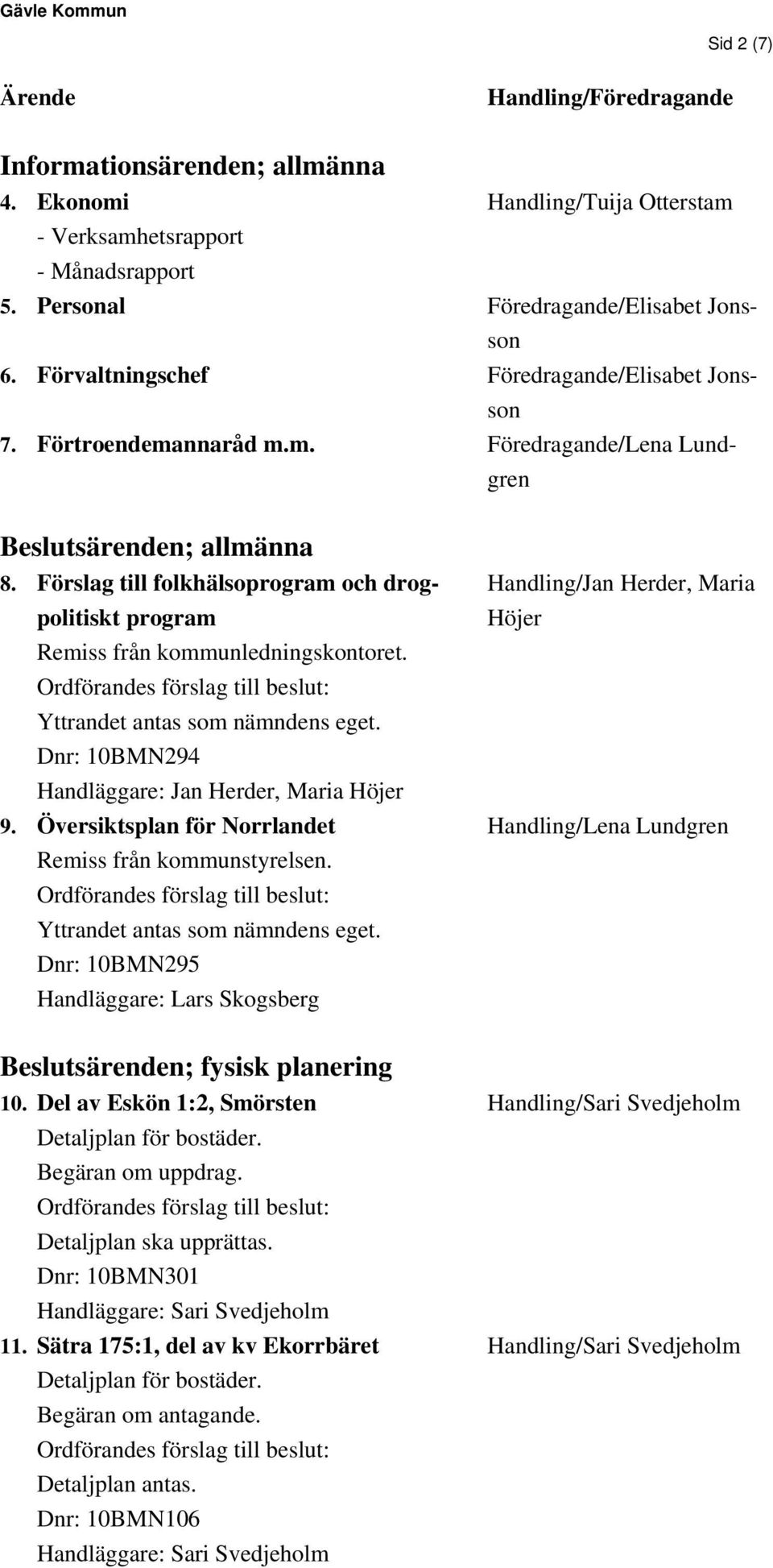 Förslag till folkhälsoprogram och drogpolitiskt program Remiss från kommunledningskontoret. Yttrandet antas som nämndens eget. Dnr: 10BMN294 Handläggare: Jan Herder, Maria Höjer 9.