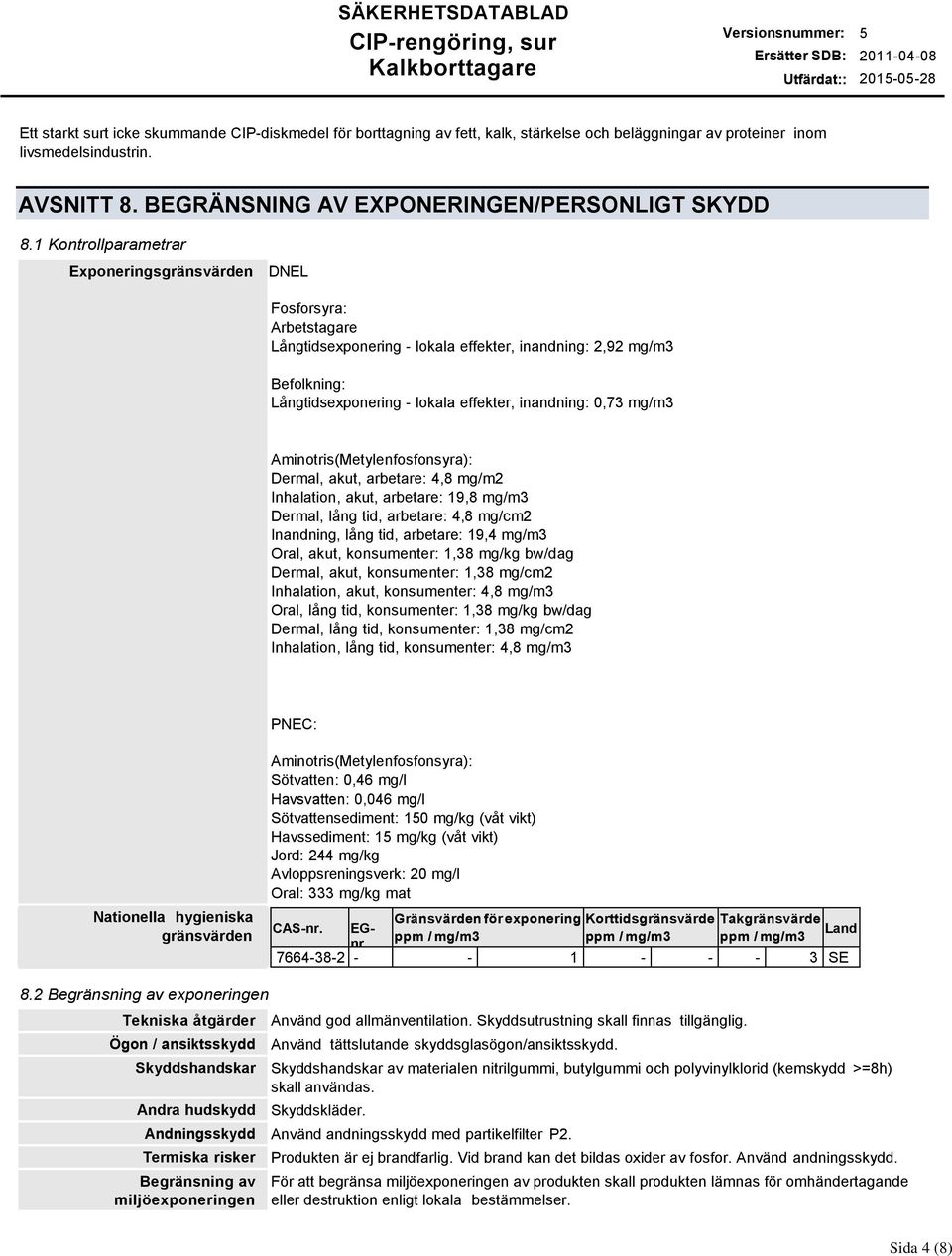 1 Kontrollparametrar Exponeringsgränsvärden DNEL Fosforsyra: Arbetstagare Långtidsexponering - lokala effekter, inandning: 2,92 mg/m3 Befolkning: Långtidsexponering - lokala effekter, inandning: 0,73