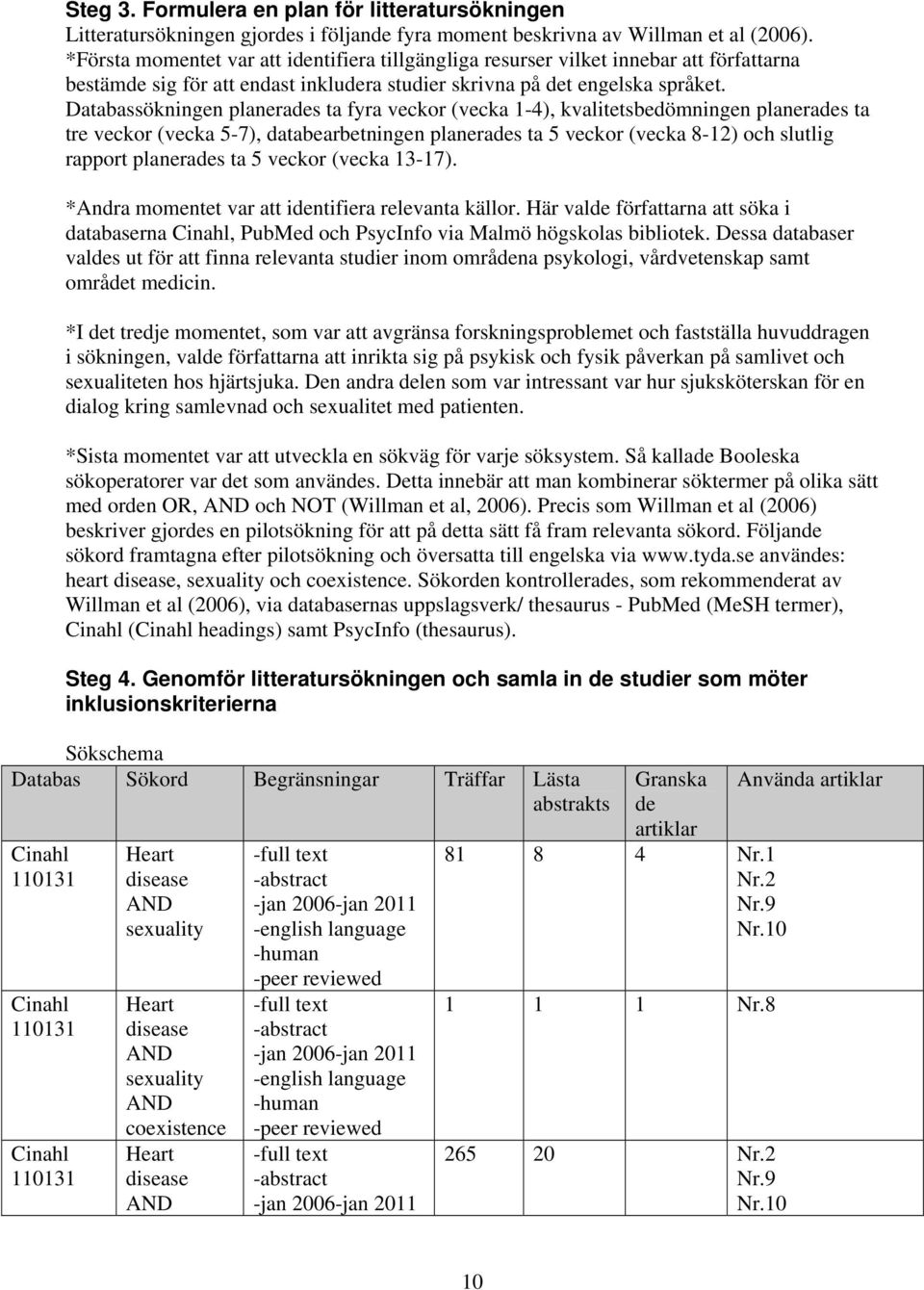 Databassökningen planerades ta fyra veckor (vecka 1-4), kvalitetsbedömningen planerades ta tre veckor (vecka 5-7), databearbetningen planerades ta 5 veckor (vecka 8-12) och slutlig rapport planerades