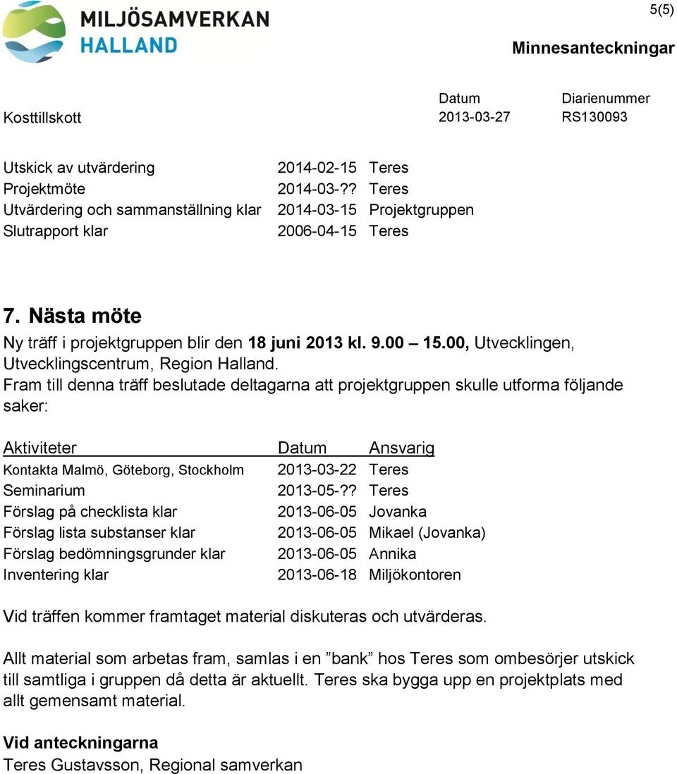 Fram till denna träff beslutade deltagarna att projektgruppen skulle utforma följande saker: Aktiviteter Ansvarig Kontakta Malmö, Göteborg, Stockholm 2013-03-22 Teres Seminarium 2013-05-?