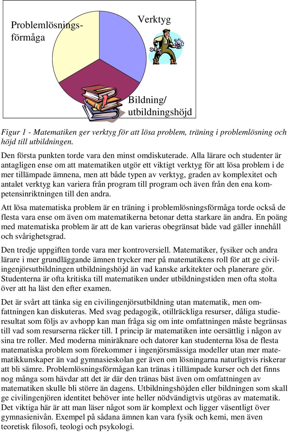 Alla lärare och studenter är antagligen ense om att matematiken utgör ett viktigt verktyg för att lösa problem i de mer tillämpade ämnena, men att både typen av verktyg, graden av komplexitet och