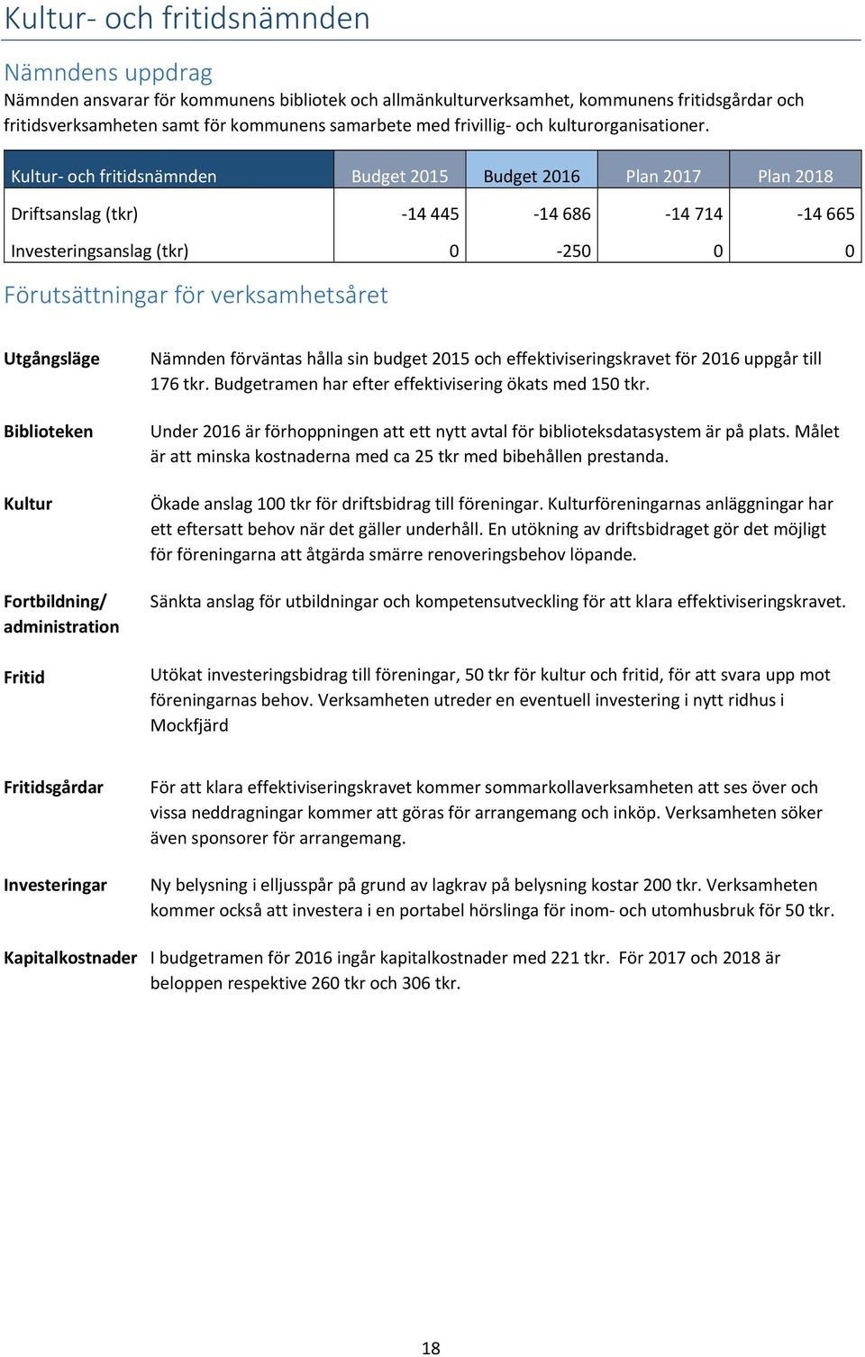 Kultur och fritidsnämnden Budget 2015 Budget 2016 Plan 2017 Plan 2018 Driftsanslag (tkr) 14 445 14 686 14 714 14 665 Investeringsanslag (tkr) 0 250 0 0 Förutsättningar för verksamhetsåret Utgångsläge