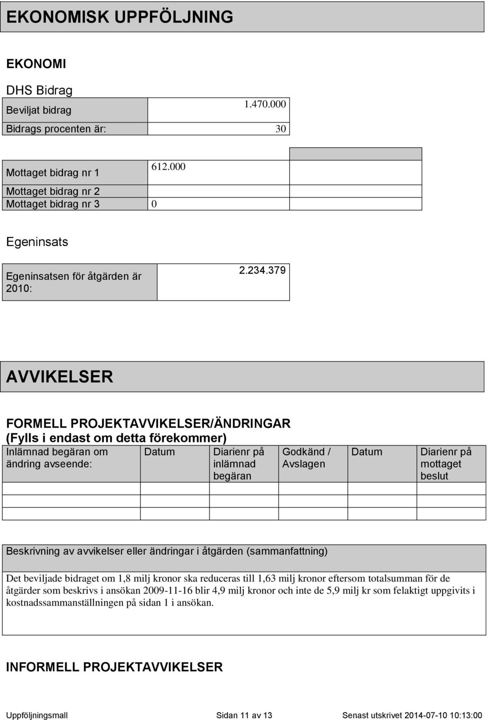 379 AVVIKELSER FORMELL PROJEKTAVVIKELSER/ÄNDRINGAR (Fylls i endast om detta förekommer) Inlämnad begäran om ändring avseende: Datum Diarienr på inlämnad begäran Godkänd / Avslagen Datum Diarienr på