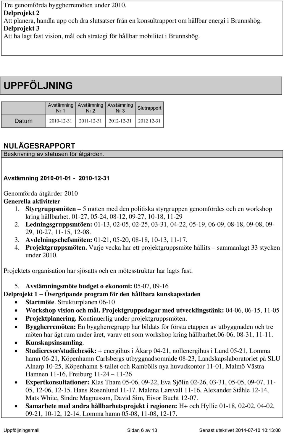 UPPFÖLJNING Avstämning Nr 1 Avstämning Nr 2 Avstämning Nr 3 Slutrapport Datum 2010-12-31 2011-12-31 2012-12-31 2012 12-31 NULÄGESRAPPORT Beskrivning av statusen för åtgärden.