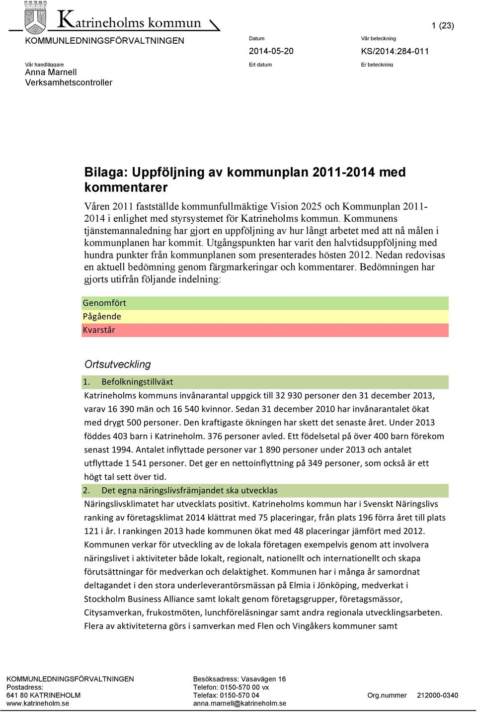 Kommunens tjänstemannaledning har gjort en uppföljning av hur långt arbetet med att nå målen i kommunplanen har kommit.