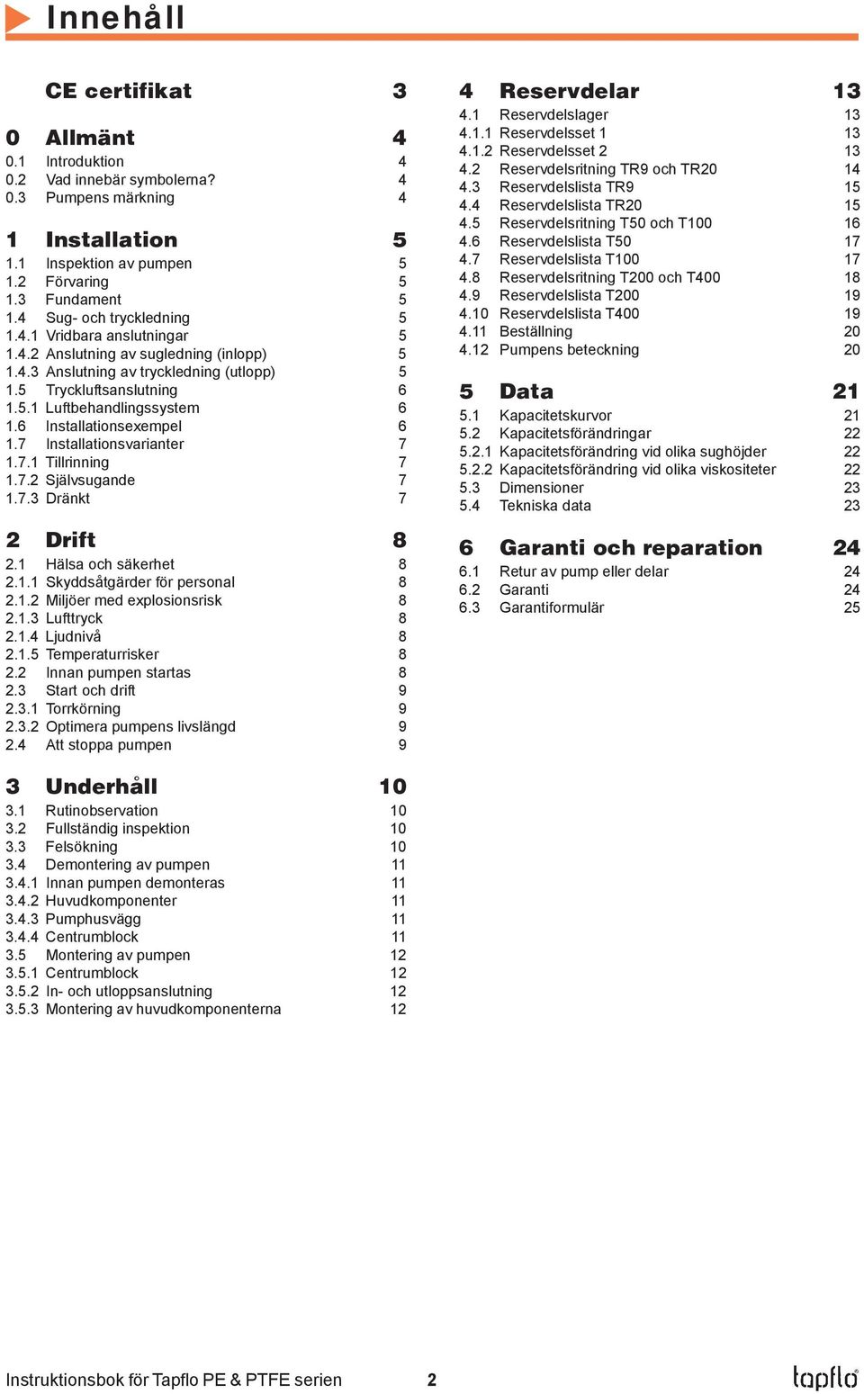 6 Installationsexempel 6 1.7 Installationsvarianter 7 1.7.1 Tillrinning 7 1.7.2 Självsugande 7 1.7.3 Dränkt 7 2 Drift 8 2.1 Hälsa och säkerhet 8 2.1.1 Skyddsåtgärder för personal 8 2.1.2 Miljöer med explosionsrisk 8 2.