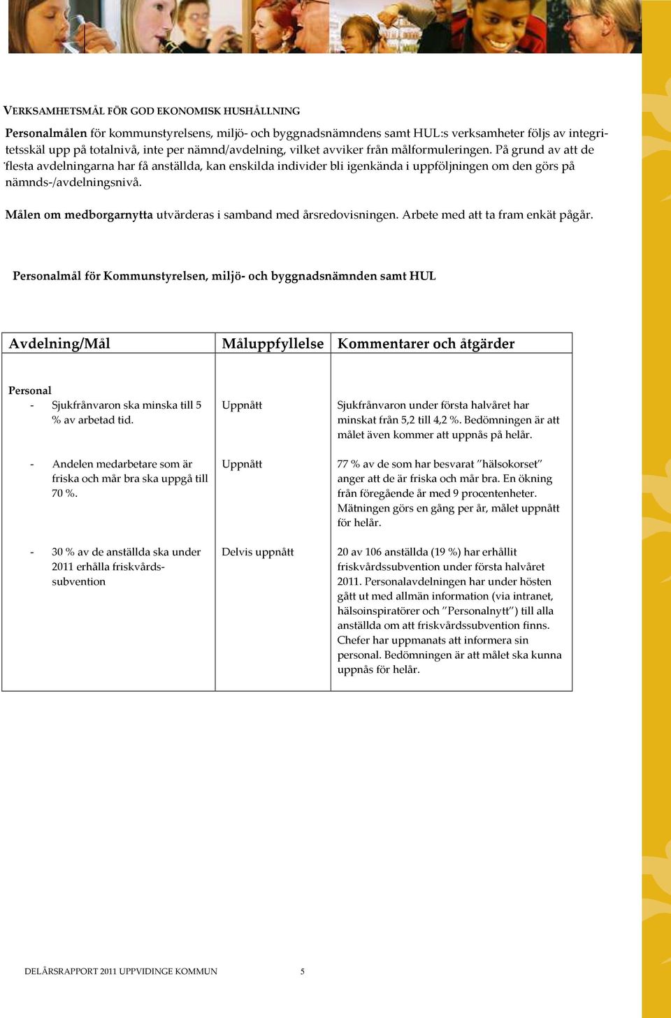 nämnds-/avdelningsnivå Målen om medborgarnytta utvärderas i samband med årsredovisningen Arbete med att ta fram enkät pågår Personalmål för Kommunstyrelsen, miljö- och byggnadsnämnden samt HUL