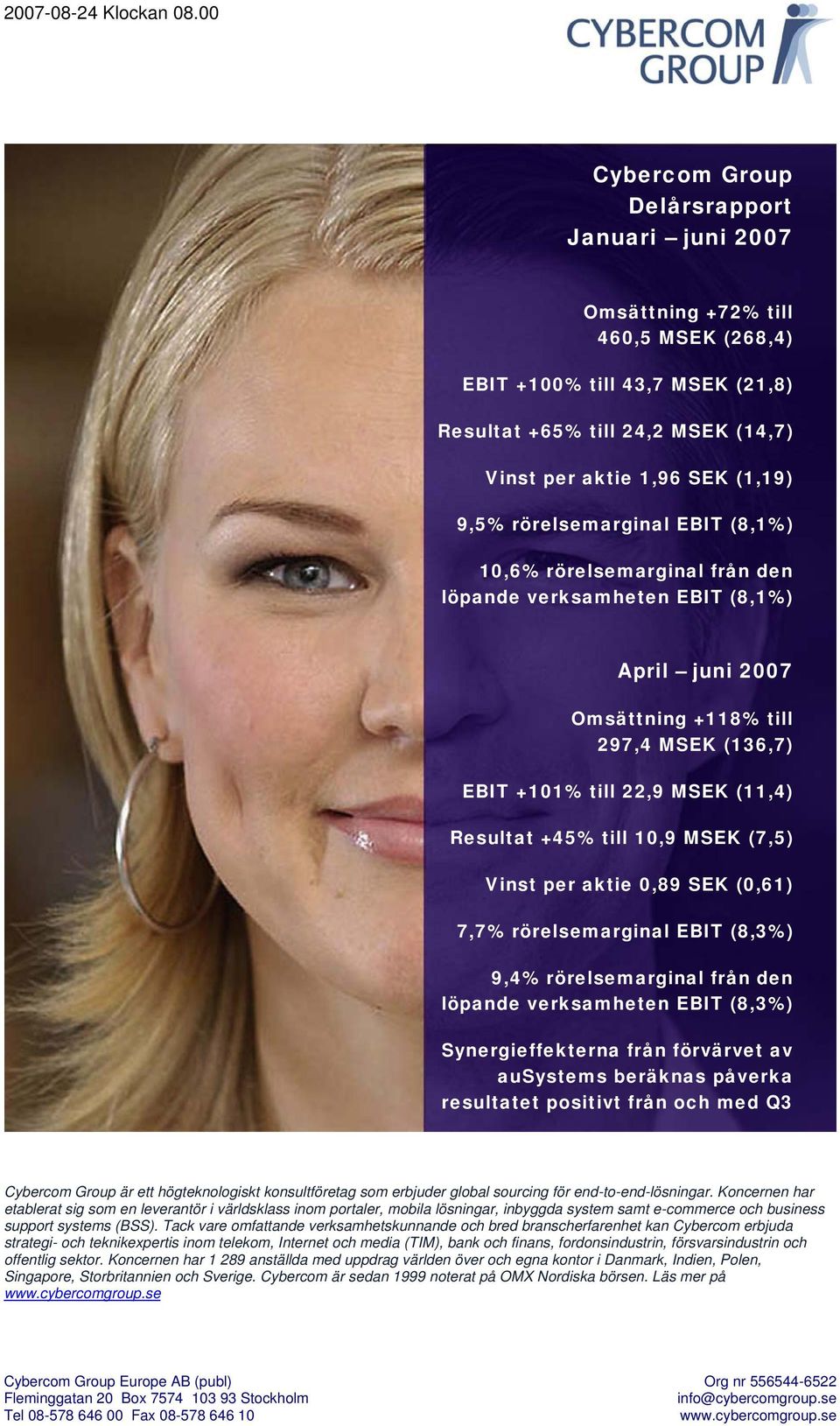 (8,1%) 1,6% rörelsemarginal från den löpande verksamheten EBIT (8,1%) April juni 27 Omsättning +118% till 297,4 (136,7) EBIT +11% till 22,9 (11,4) Resultat +45% till 1,9 (7,5) Vinst per aktie,89 SEK