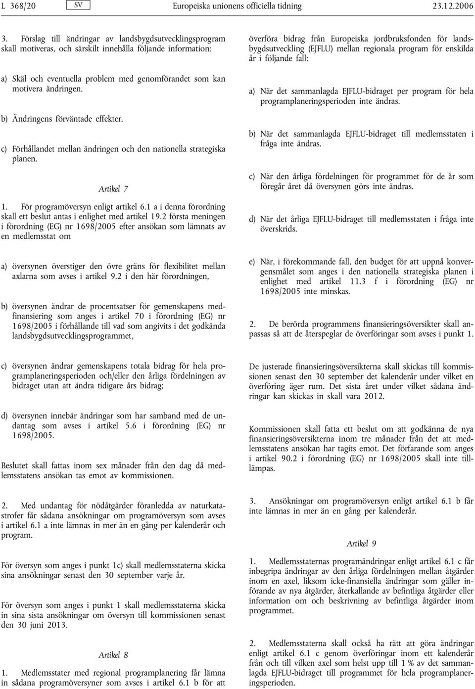 b) Ändringens förväntade effekter. c) Förhållandet mellan ändringen och den nationella strategiska planen. Artikel 7 1. För programöversyn enligt artikel 6.