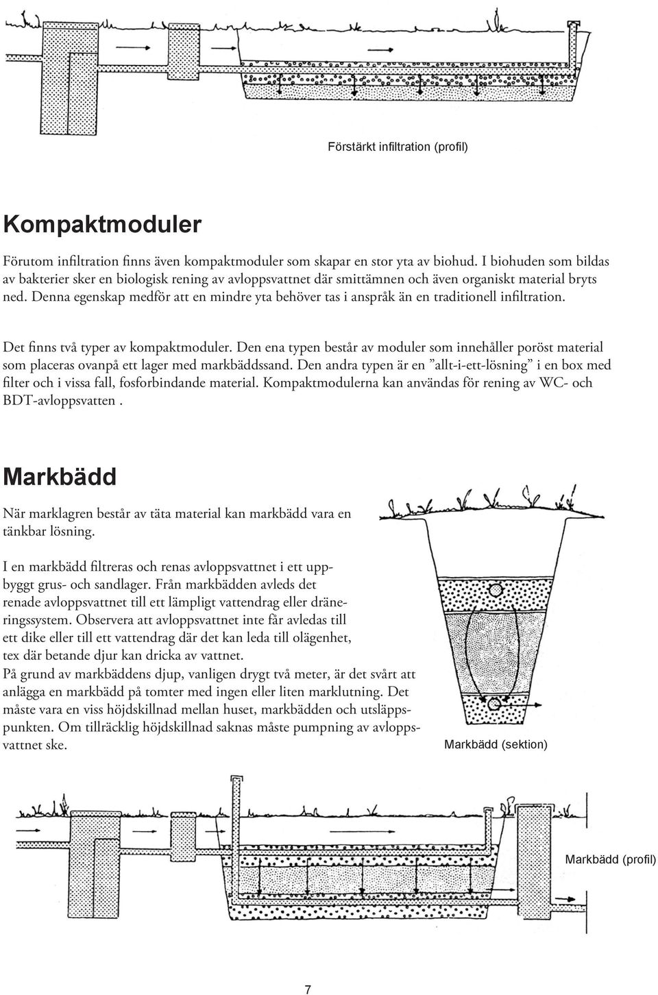 Denna egenskap medför att en mindre yta behöver tas i anspråk än en traditionell infiltration. Det finns två typer av kompaktmoduler.