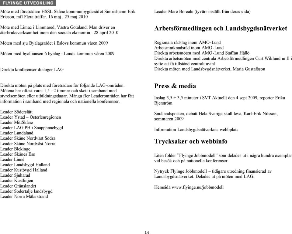 28 april 2010 Möten med sju Byalagsrådet i Eslövs kommun våren 2009 Möten med byalliansen 6 byalag i Lunds kommun våren 2009 Direkta konferenser dialoger LAG Leader Mare Boreale (tyvärr inställt från