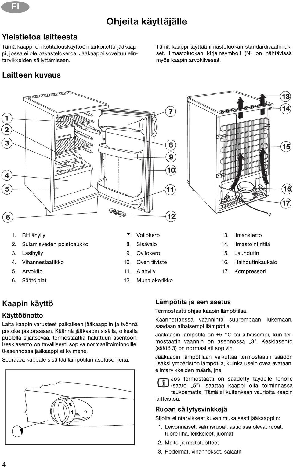 Sulamisveden poistoaukko 3. Lasihylly 4. Vihanneslaatikko 5. Arvokilpi 6. Säätöjalat 7. Voilokero 8. Sisävalo 9. Ovilokero 10. Oven tiiviste 11. Alahylly 12. Munalokerikko 13. Ilmankierto 14.