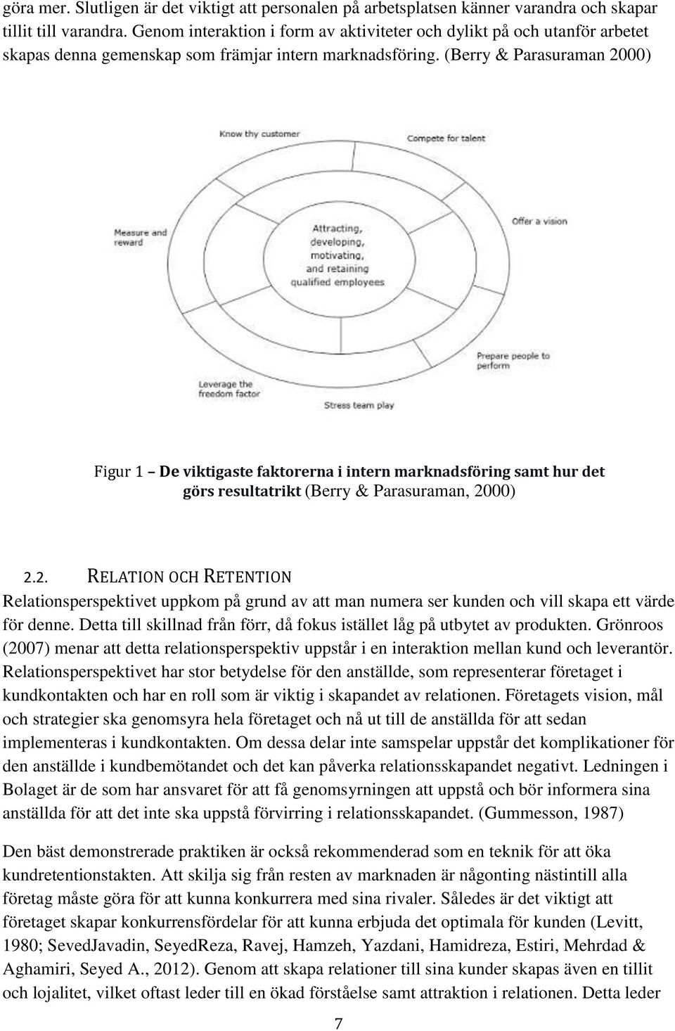 (Berry & Parasuraman 2000) Figur 1 De viktigaste faktorerna i intern marknadsföring samt hur det görs resultatrikt (Berry & Parasuraman, 2000) 2.2. RELATION OCH RETENTION Relationsperspektivet uppkom på grund av att man numera ser kunden och vill skapa ett värde för denne.