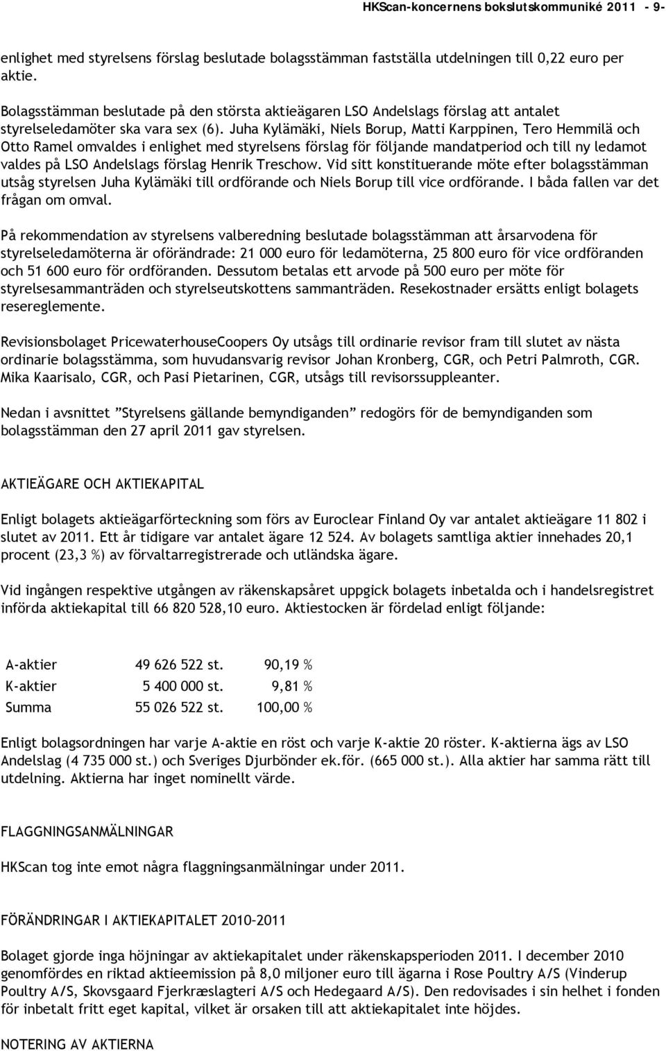 Juha Kylämäki, Niels Borup, Matti Karppinen, Tero Hemmilä och Otto Ramel omvaldes i enlighet med styrelsens förslag för följande mandatperiod och till ny ledamot valdes på LSO Andelslags förslag