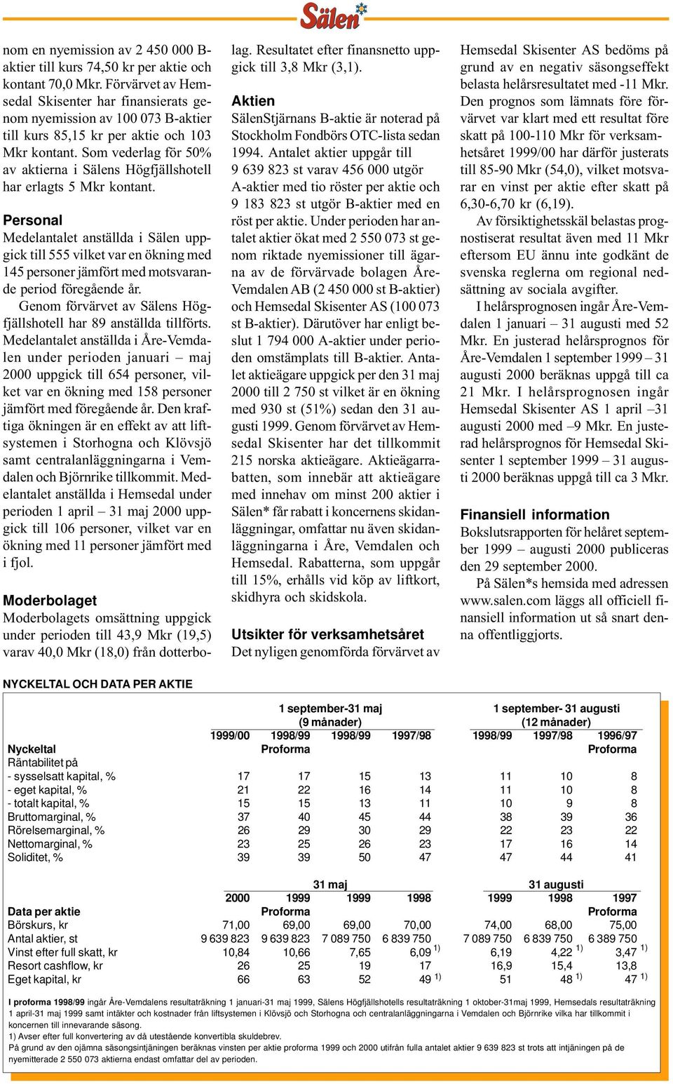 Som vederlag för 50% av aktierna i Sälens Högfjällshotell har erlagts 5 Mkr kontant.