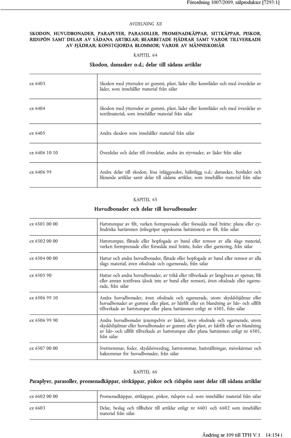 n, damasker o.d.; delar till sådana artiklar ex 6403 Skodon med yttersulor av gummi, plast, läder eller konstläder och med överdelar av läder, som innehåller material från sälar ex 6404 Skodon med