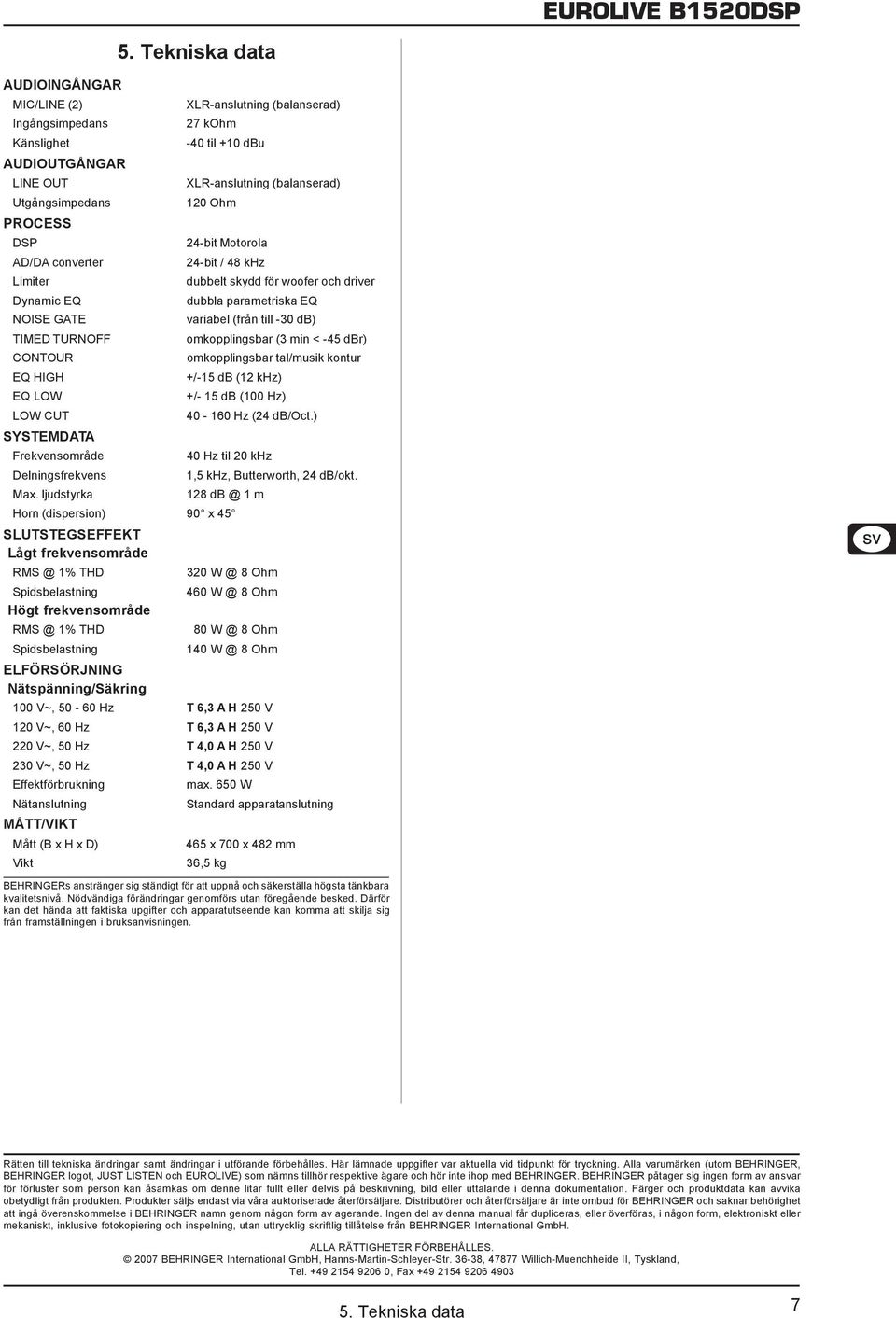 omkopplingsbar (3 min < -45 dbr) CONTOUR omkopplingsbar tal/musik kontur EQ HIGH +/-15 db (12 khz) EQ LOW +/- 15 db (100 Hz) LOW CUT 40-160 Hz (24 db/oct.