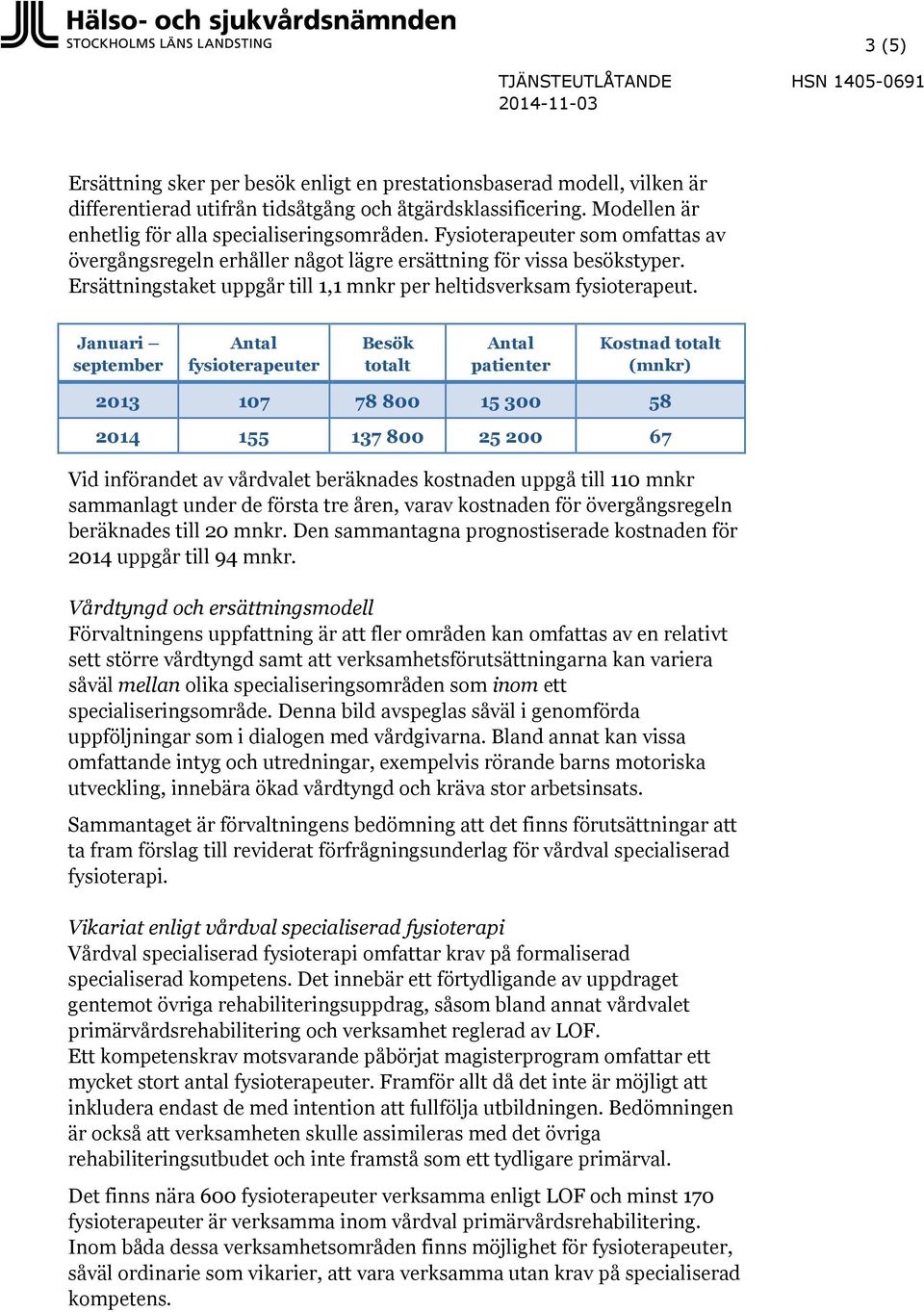 Januari september Antal fysioterapeuter Besök totalt Antal patienter Kostnad totalt (mnkr) 2013 107 78 800 15 300 58 2014 155 137 800 25 200 67 Vid införandet av vårdvalet beräknades kostnaden uppgå