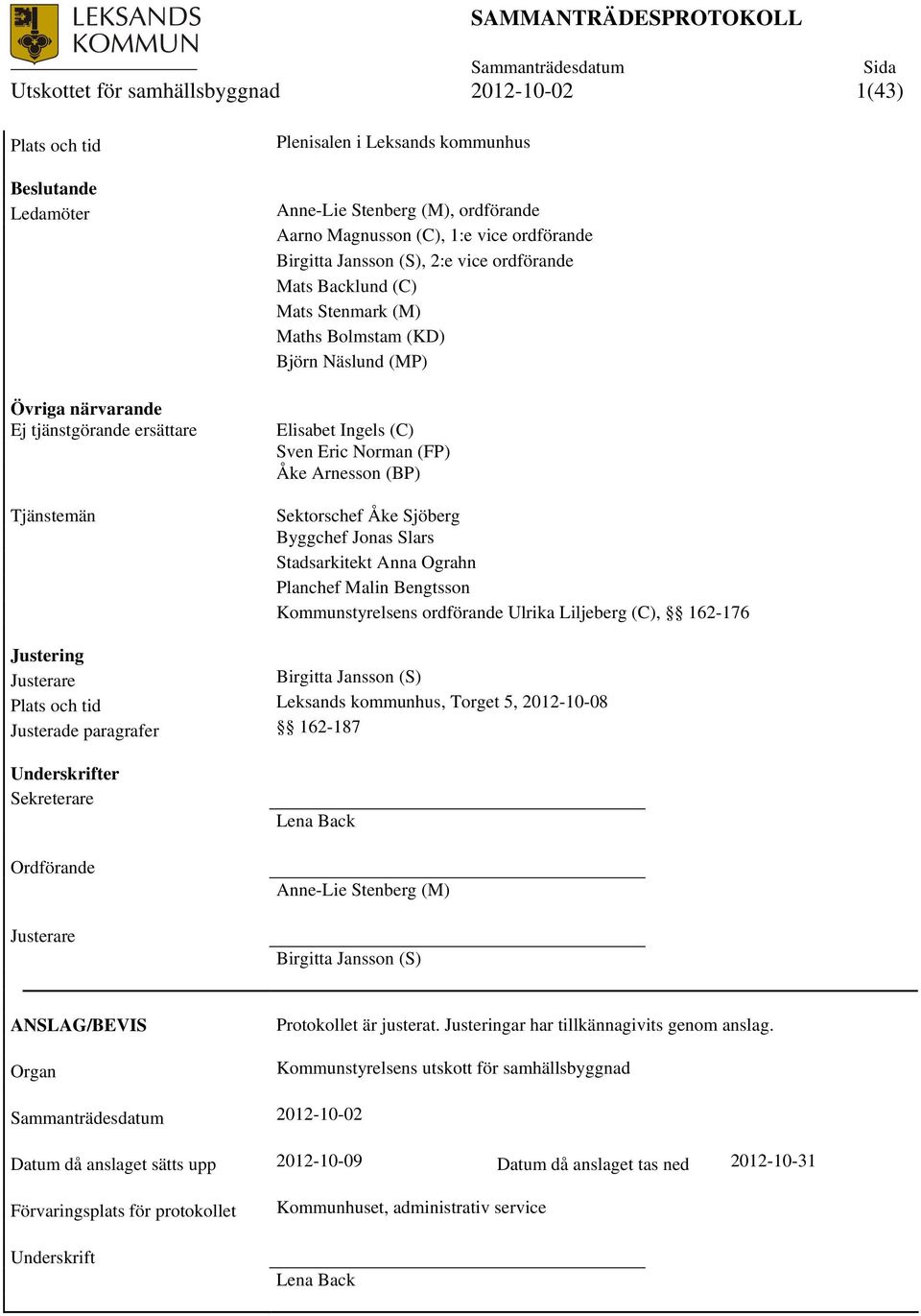 Norman (FP) Åke Arnesson (BP) Sektorschef Åke Sjöberg Byggchef Jonas Slars Stadsarkitekt Anna Ograhn Planchef Malin Bengtsson Kommunstyrelsens ordförande Ulrika Liljeberg (C), 162-176 Justering