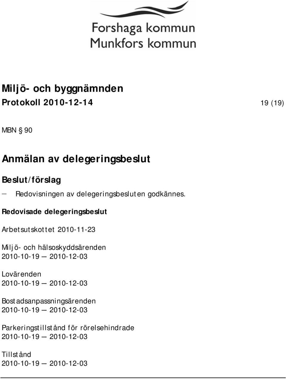 Redovisade delegeringsbeslut Arbetsutskottet 2010-11-23 Miljö- och hälsoskyddsärenden