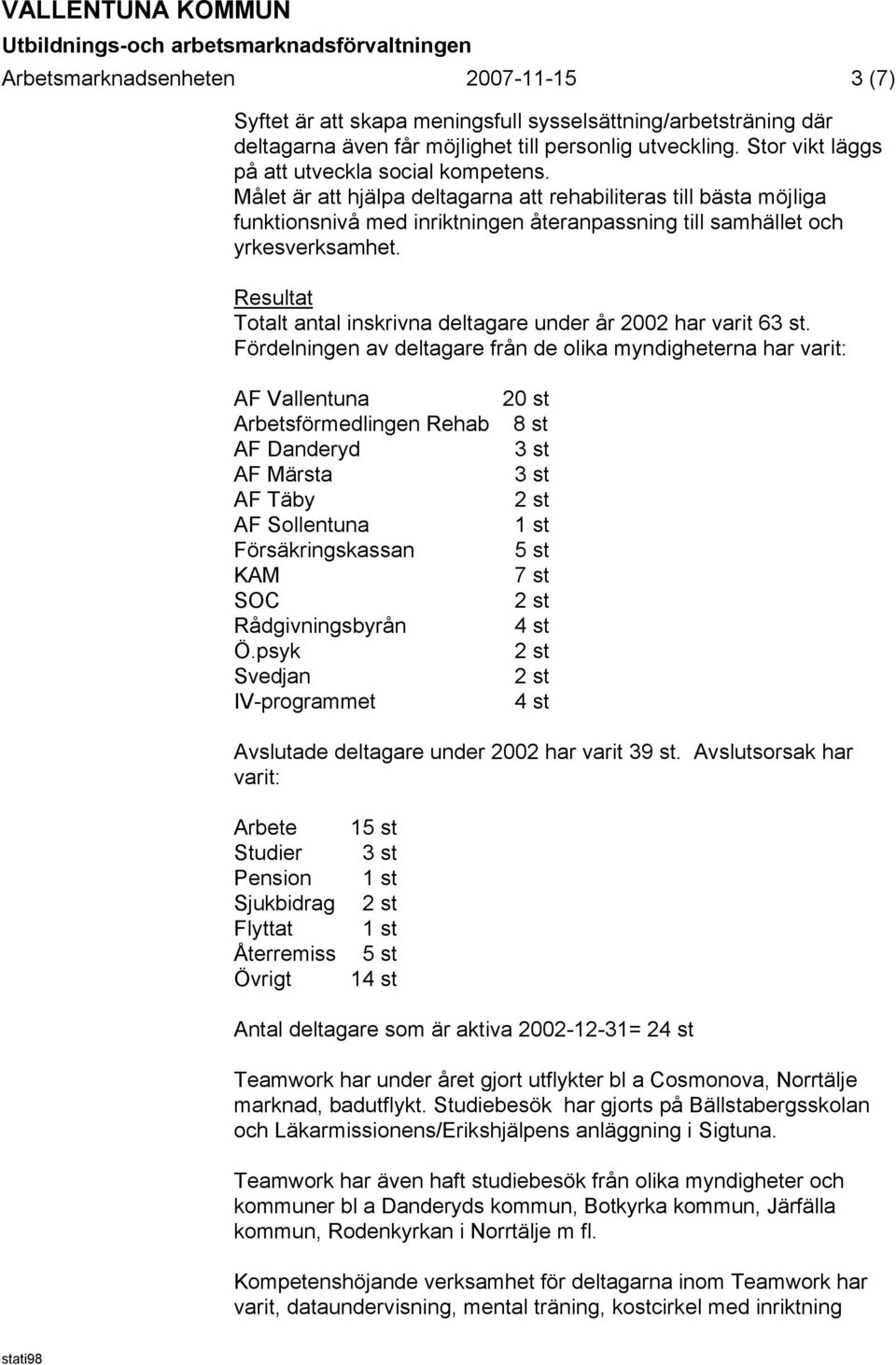 Resultat Totalt antal inskrivna deltagare under år 2002 har varit 63 st.