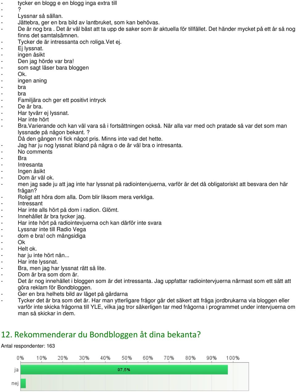 - ingen åsikt - Den jag hörde var bra! - som sagt läser bara bloggen - Ok. - ingen aning - Familjära och ger ett positivt intryck - De är bra. - Har tyvärr ej lyssnat. - Har inte hört - Bra.