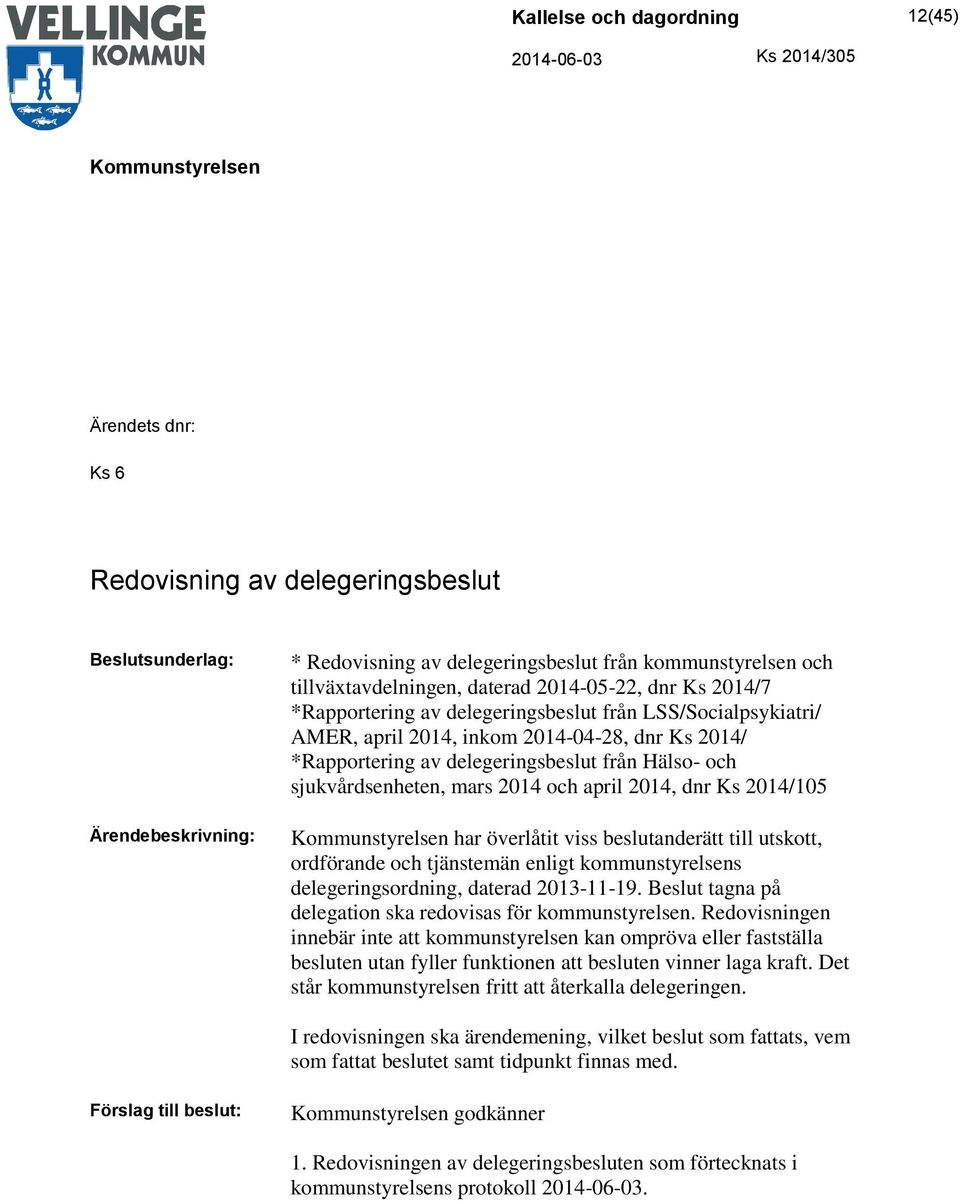 2014, dnr Ks 2014/105 har överlåtit viss beslutanderätt till utskott, ordförande och tjänstemän enligt kommunstyrelsens delegeringsordning, daterad 2013-11-19.