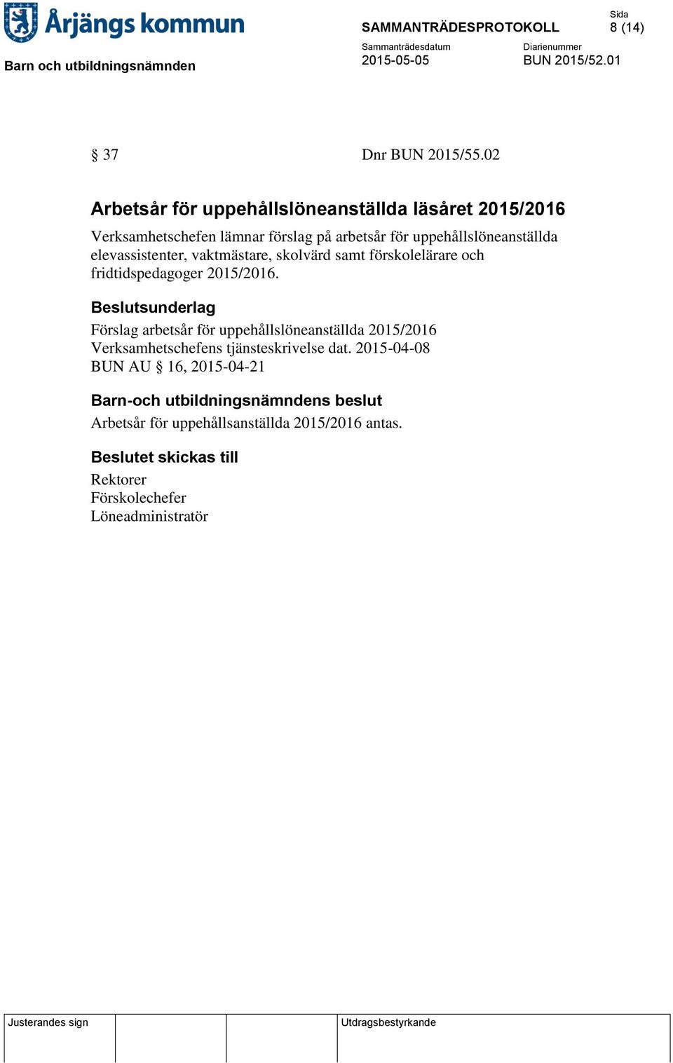 uppehållslöneanställda elevassistenter, vaktmästare, skolvärd samt förskolelärare och fridtidspedagoger 2015/2016.