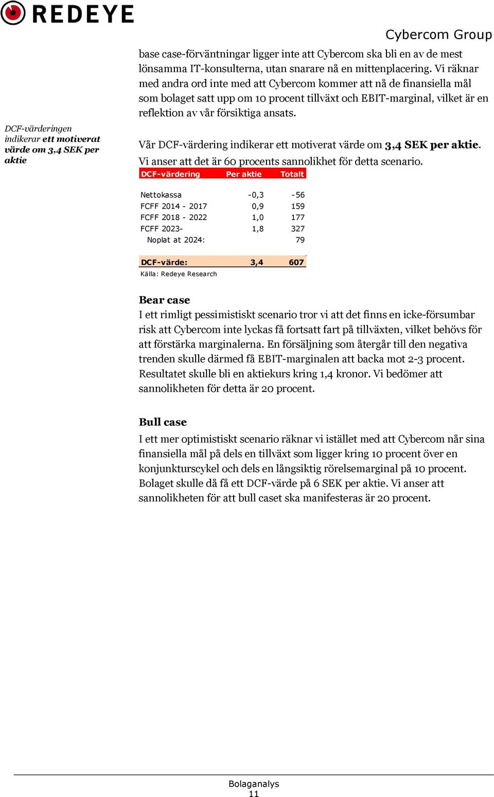 Vår DCF-värdering indikerar ett motiverat värde om 3,4 SEK per aktie. Vi anser att det är 60 procents sannolikhet för detta scenario.