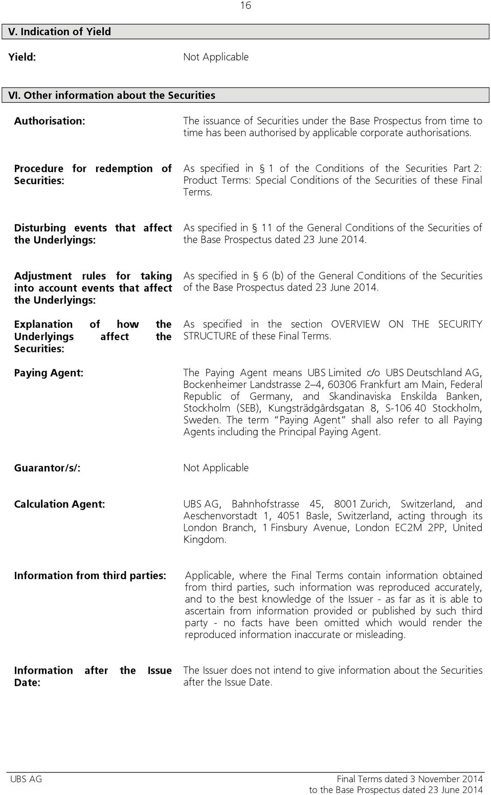 Procedure for redemption of Securities: As specified in 1 of the Conditions of the Securities Part 2: Product Terms: Special Conditions of the Securities of these Final Terms.