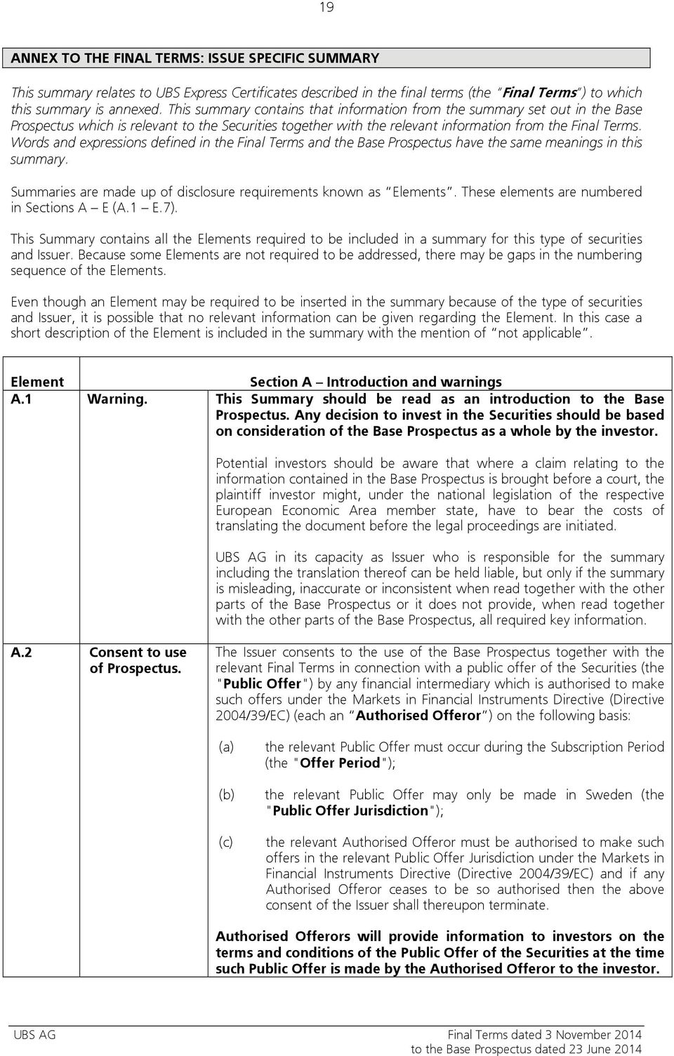 Words and expressions defined in the Final Terms and the Base Prospectus have the same meanings in this summary. Summaries are made up of disclosure requirements known as Elements.