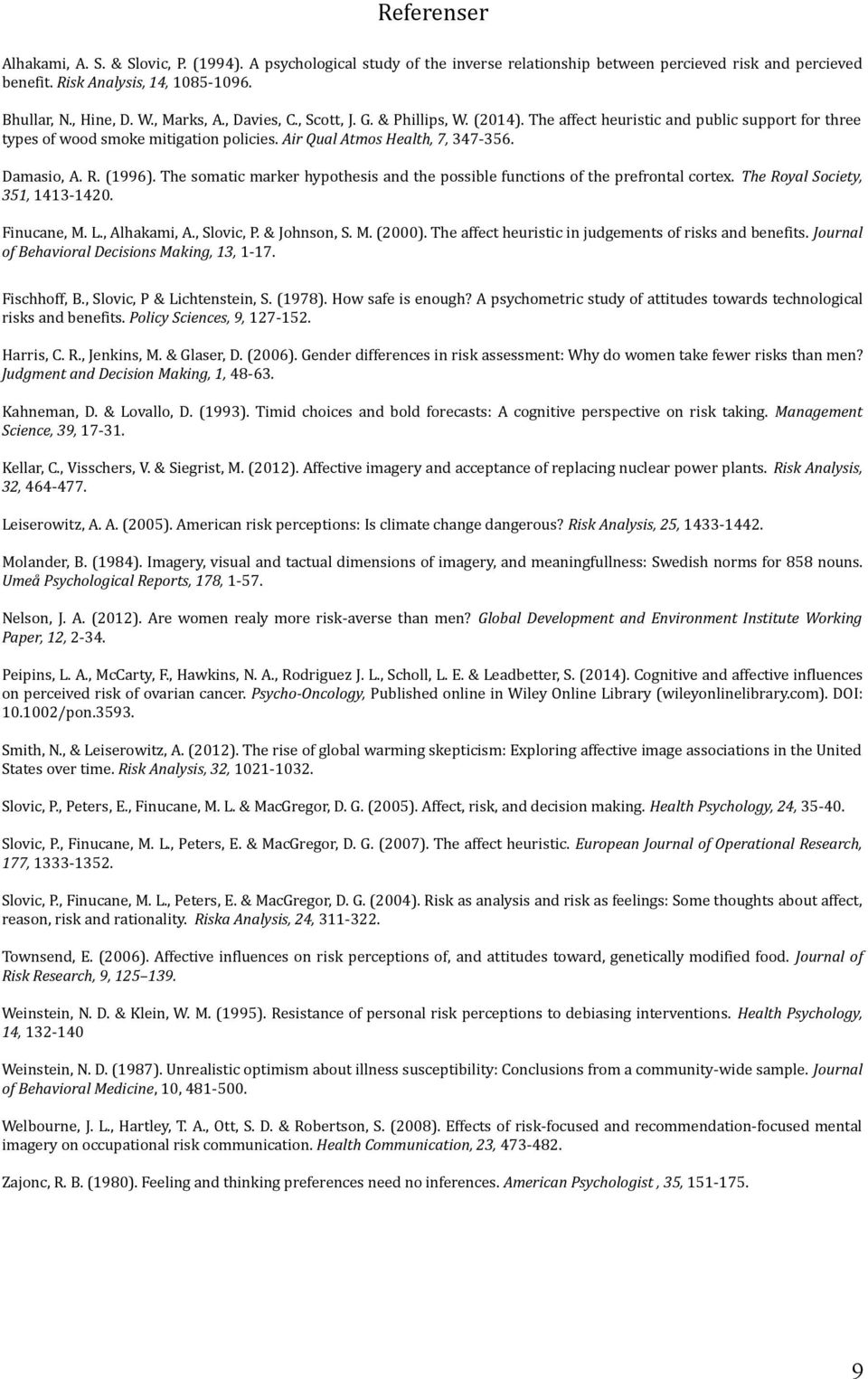 R. (1996). The somatic marker hypothesis and the possible functions of the prefrontal cortex. The Royal Society, 351, 1413-1420. Finucane, M. L., Alhakami, A., Slovic, P. & Johnson, S. M. (2000).