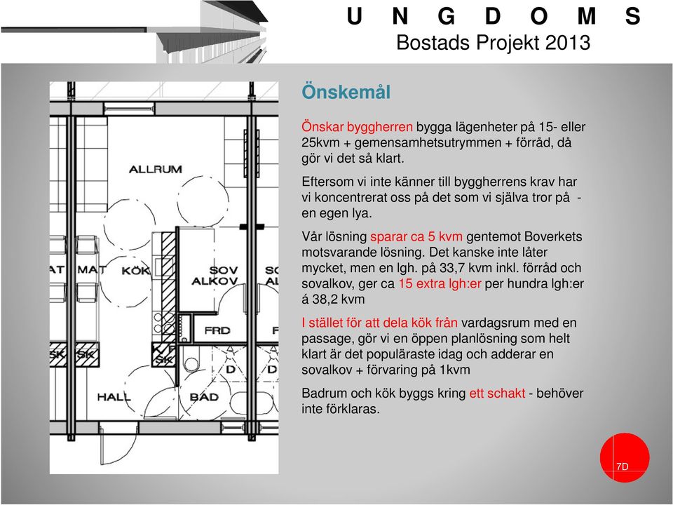 Vår lösning sparar ca 5 kvm gentemot Boverkets motsvarande lösning. Det kanske inte låter mycket, men en lgh. på 33,7 kvm inkl.