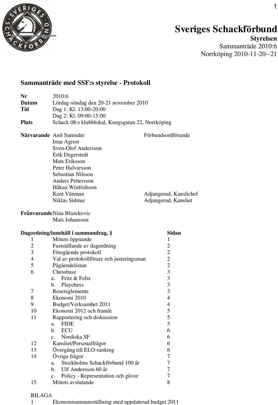 09:00-15:00 Plats Schack 08:s klubblokal, Kungsgatan 22, Norrköping Närvarande Anil Surender Inna Agrest Sven-Olof Andersson Erik Degerstedt Mats Eriksson Peter Halvarsson Sebastian Nilsson Anders