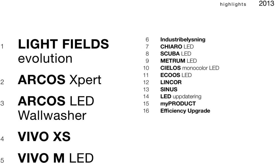 8 SCUBA LED 9 METRUM LED 10 CIELOS monocolor LED 11 ECOOS LED 12