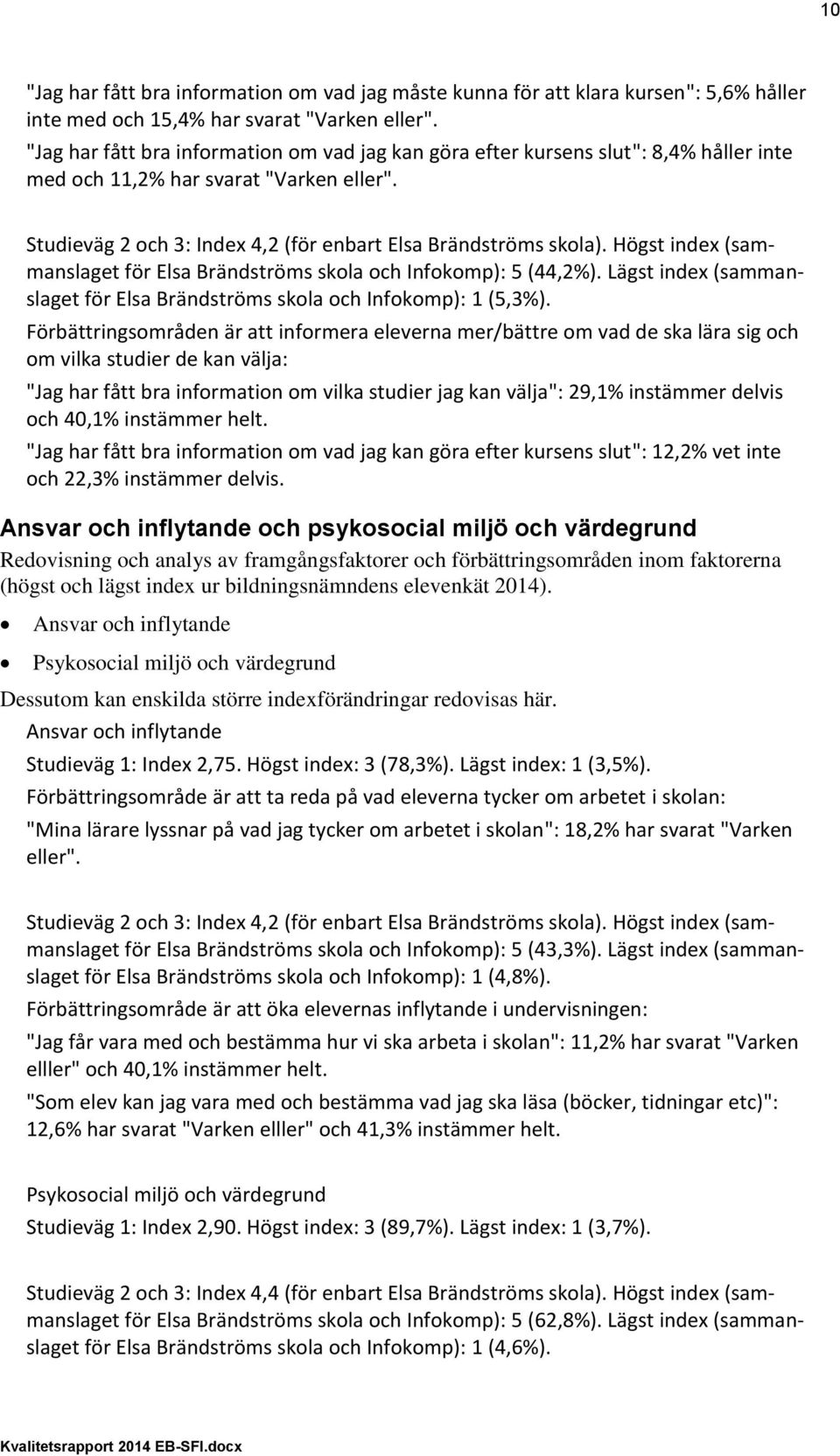 Högst index (sammanslaget för Elsa Brändströms skola och Infokomp): 5 (44,2%). Lägst index (sammanslaget för Elsa Brändströms skola och Infokomp): 1 (5,3%).