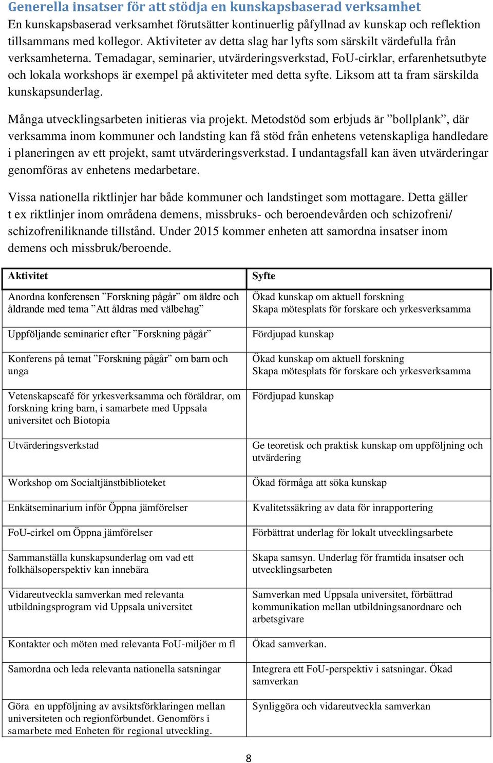 Temadagar, seminarier, utvärderingsverkstad, FoU-cirklar, erfarenhetsutbyte och lokala workshops är exempel på aktiviteter med detta syfte. Liksom att ta fram särskilda kunskapsunderlag.