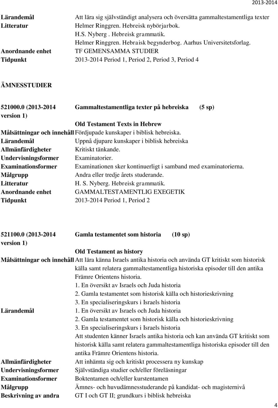 0 (2013-2014 Gammaltestamentliga texter på hebreiska (5 sp) Old Testament Texts in Hebrew Målsättningar och innehåll Fördjupade kunskaper i biblisk hebreiska.