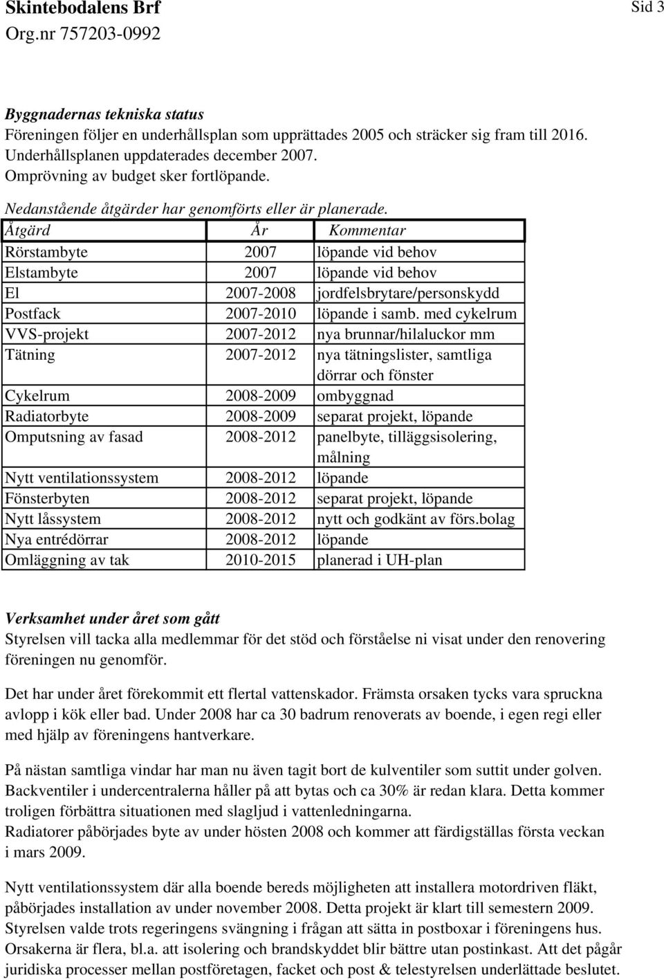 Åtgärd År Kommentar Rörstambyte 2007 löpande vid behov Elstambyte 2007 löpande vid behov El 2007-2008 jordfelsbrytare/personskydd Postfack 2007-2010 löpande i samb.