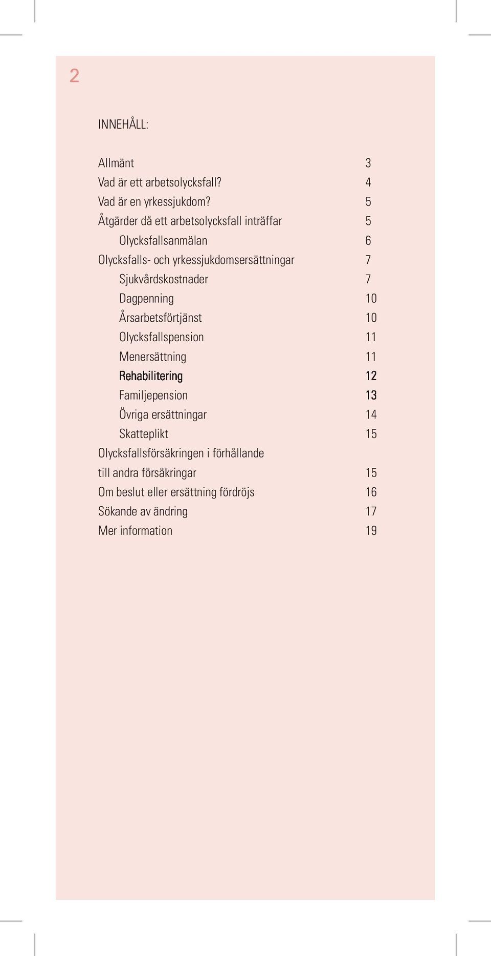 Sjukvårdskostnader 7 Dagpenning 10 Årsarbetsförtjänst 10 Olycksfallspension 11 Menersättning 11 Rehabilitering 12