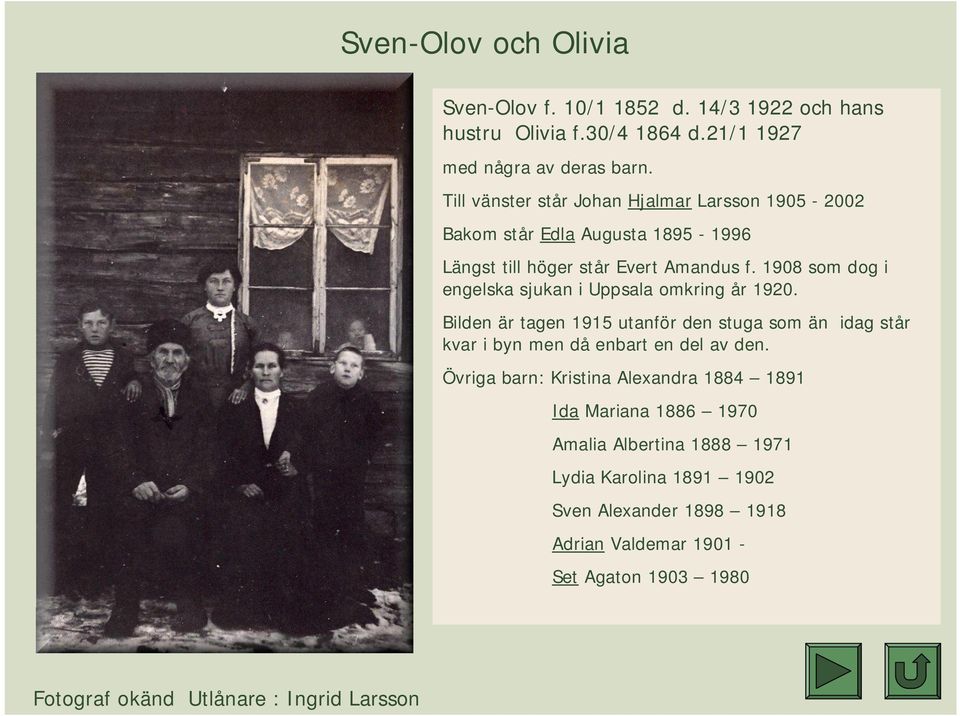 1908 som dog i engelska sjukan i Uppsala omkring år 1920. Bilden är tagen 1915 utanför den stuga som än idag står kvar i byn men då enbart en del av den.