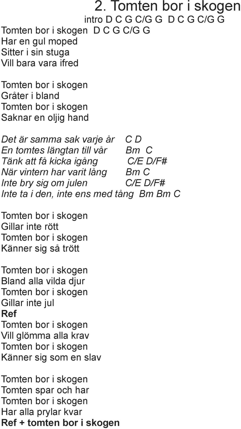 bry sig om julen C/E D/F# Inte ta i den, inte ens med tång Bm Bm C illar inte rött Känner sig så trött Bland alla vilda djur