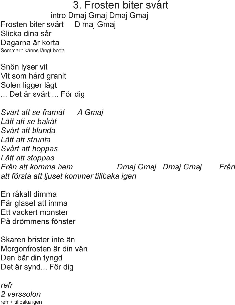 .. För dig Svårt att se framåt A maj Lätt att se bakåt Svårt att blunda Lätt att strunta Svårt att hoppas Lätt att stoppas Från att komma hem Dmaj maj