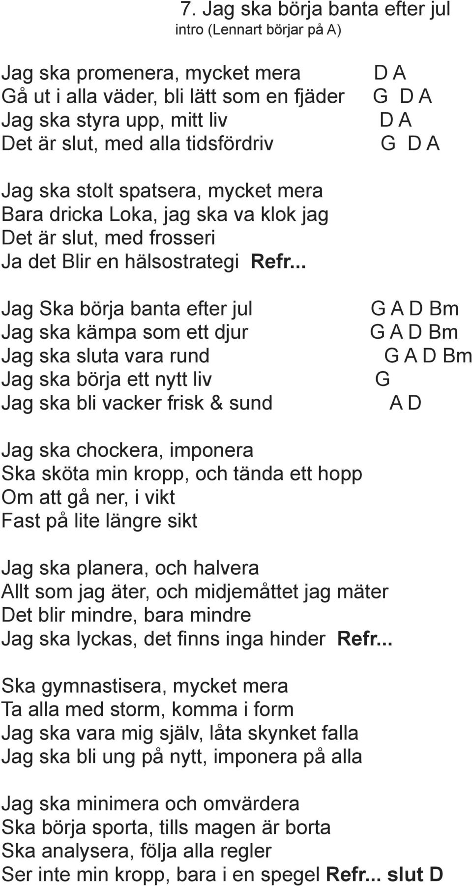 .. Jag Ska börja banta efter jul Jag ska kämpa som ett djur Jag ska sluta vara rund Jag ska börja ett nytt liv Jag ska bli vacker frisk & sund A D Bm A D Bm A D Bm A D Jag ska chockera, imponera Ska