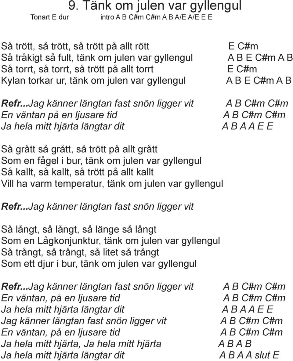 ..Jag känner längtan fast snön ligger vit En väntan på en ljusare tid Ja hela mitt hjärta längtar dit E C#m A B E C#m A B E C#m A B E C#m A B A B A A E E Så grått så grått, så trött på allt grått Som